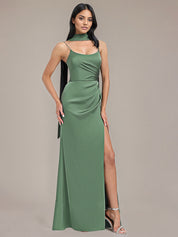 Eucalyptus Sheath/Column Spaghetti Straps Floor-Length Satin Bridesmaid Dress With Scarf