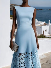 Light Blue Lace Classic Boat Neck Sleeveless A-Line Maxi Dress