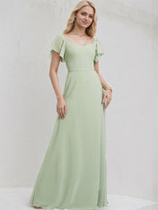 Celadon Chiffon A Line V Neck Short Sleeves Floor Length Bridesmaid Dress With Ruffle