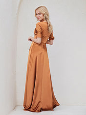 Bronze Satin A Line Spaghetti Straps Sleeveless Floor Length Bridesmaid Dress