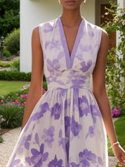 Lavender Purple Floral Chiffon V Neck Sleeveless A-Line Maxi Dress