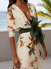 White Floral V Neck Long Sleeve A-Line Maxi Dress