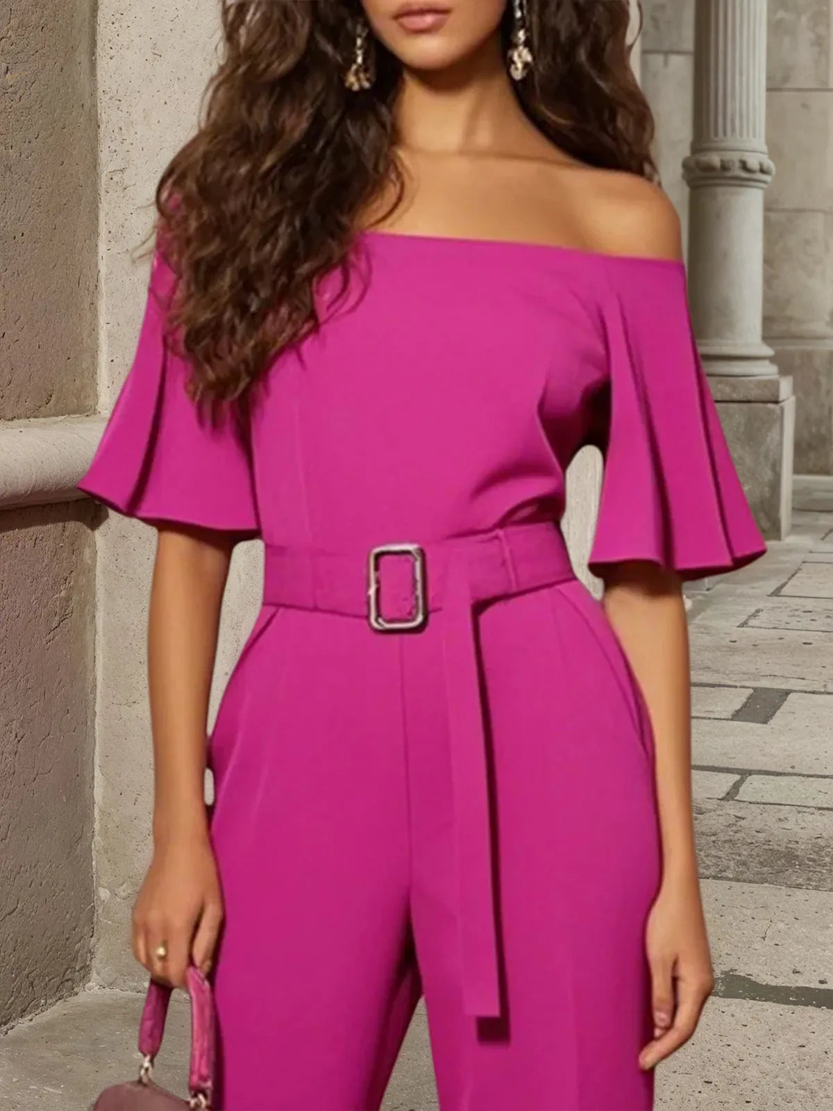 Rose Red Plain Off The Shoulder Bell Sleeve Jumpsuit With Belt