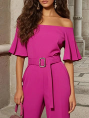 Rose Red Plain Off The Shoulder Bell Sleeve Jumpsuit With Belt