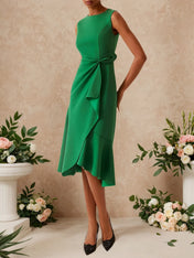 Green Commuting Sleeveless Boat Neck Plain A-line Midi Dress