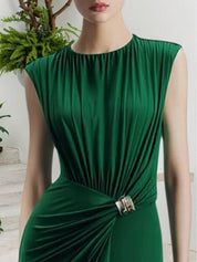Dark Green Grommets Ruched Knit Crew Neck Sleeveless Sheath Maxi Dress