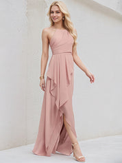 Dusty Rose Chiffon A Line Halter Neck Sleeveless Asymmetrical Bridesmaid Dress