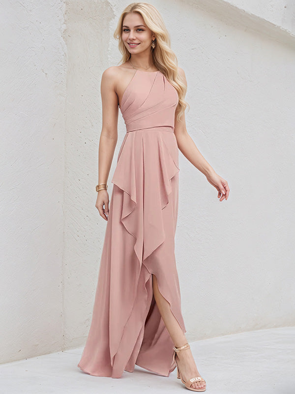 Dusty Rose Chiffon A Line Halter Neck Sleeveless Asymmetrical Bridesmaid Dress