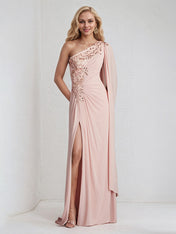A Line Pink Chiffon One Shoulder Long cape sleeve Floor Length Pleated Dress With Appliques