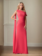 Coral Stretch Crepe Sheath/Column One Shoulder Floor Length Mother of the Bride Dresses