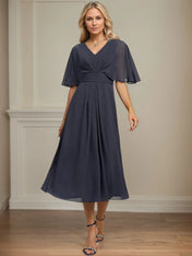 A Line V-Neck Tea-Length Chiffon Dress With Pleated