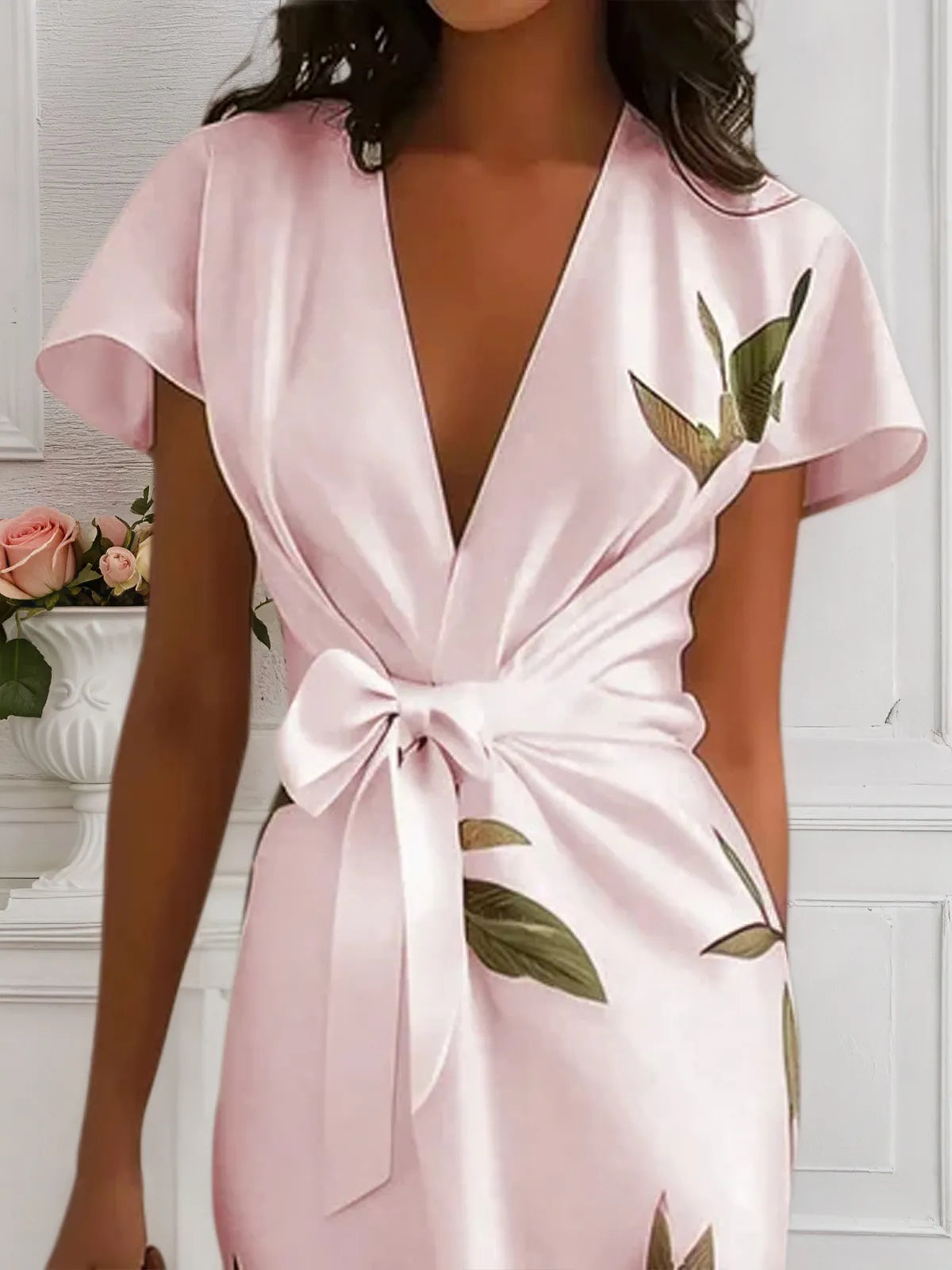 Pink Floral Satin V Neck Cap Sleeve Sheath Midi Dress