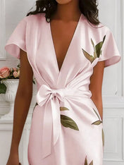 Pink Floral Satin V Neck Cap Sleeve Sheath Midi Dress