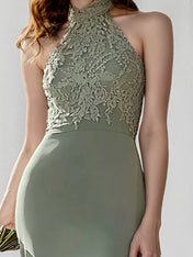 Mist Blue Chiffon Halter Neck Sleeveless Asymmetrical Length Dress With High Slit
