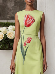 Green Embroidery Slit Classic Crew Neck Sleeveless A-Line Maxi Dress