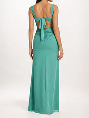 Aqua Blue Sheath/Column Chiffon Square Neck Sleeveless Floor-Length Bridesmaid Dresses