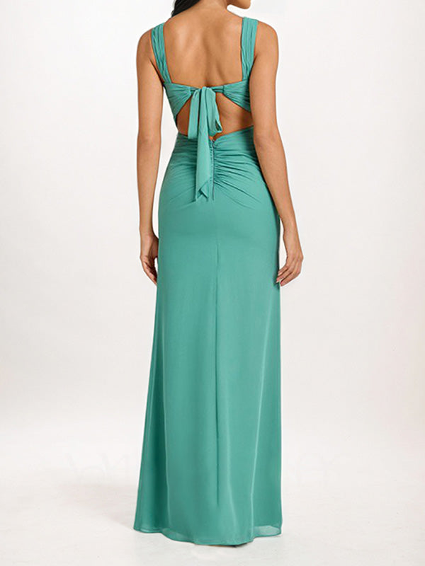Aqua Blue Sheath/Column Chiffon Square Neck Sleeveless Floor-Length Bridesmaid Dresses