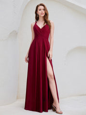 Burgundy A-Line V-Neck Floor-Length Chiffon Bridesmaid Dress
