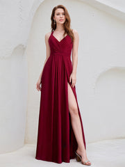 Burgundy A-Line V-Neck Floor-Length Chiffon Bridesmaid Dress