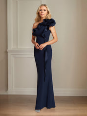 Navy Stretch Crepe Sheath/Column One Shoulder Floor Length Mother of the Bride Dresses With Ruffles