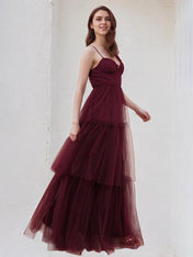 A Line Burgundy Tulle Spaghetti Straps Sleeveless Floor Length Dress