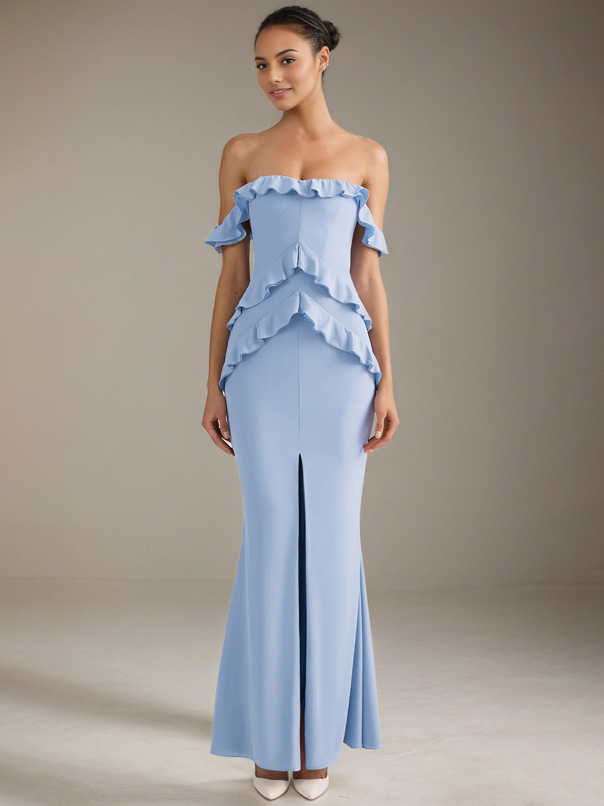 Light Blue Chiffon Sheath/Column Off The Shoulder Floor Length Bridesmaid Dresses