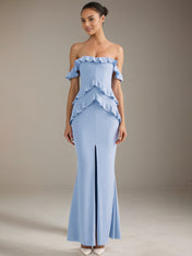 Light Blue Chiffon Sheath/Column Off The Shoulder Floor Length Bridesmaid Dresses