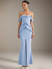 Light Blue Chiffon Sheath/Column Off The Shoulder Floor Length Bridesmaid Dresses