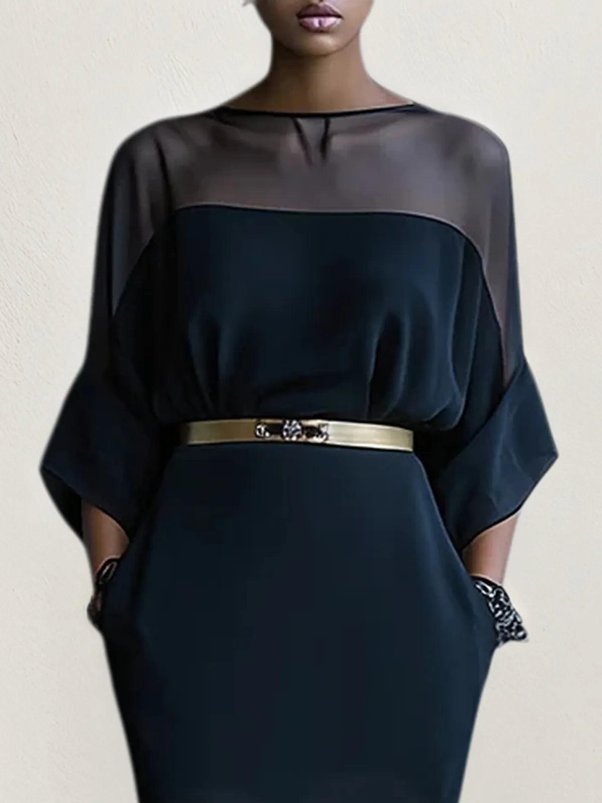 Black Split Joint Chiffon Boat Neck Half Sleeve Mermaid Maxi Dress