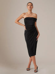 Black Satin Sheath/Column Off The Shoulder Sleeveless Tea Length Dress