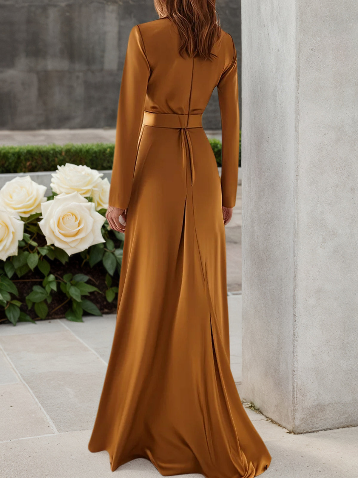 Golden Satin Ruched High Neck Long Sleeve A-Line Gown