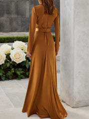 Golden Satin Ruched High Neck Long Sleeve A-Line Gown
