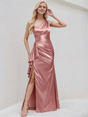 Desert Rose Satin A Line One Shoulder Floor Length Bridesmaid Dress With Ruffle