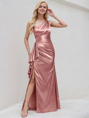 Desert Rose Satin A Line One Shoulder Floor Length Bridesmaid Dress With Ruffle