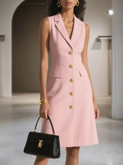 Pink Shawl Collar Sleeveless A-Line Midi Blazer Dress