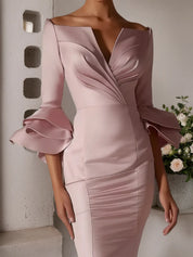 Pink Ruffled Bell Sleeves V Neck Mermaid Maxi Dress