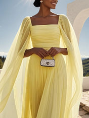 Yellow Pleated Chiffon Dress Square Neck Long Sleeve A-Line Gown