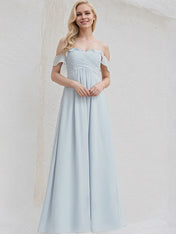 Ice Blue Chiffon A Line Off the Shoulder Sleeveless Floor Length Bridesmaid Dress With Ruffle