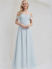 Ice Blue Chiffon A Line Off the Shoulder Sleeveless Floor Length Bridesmaid Dress With Ruffle