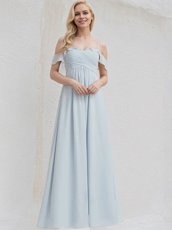 Ice Blue Chiffon A Line Off the Shoulder Sleeveless Floor Length Bridesmaid Dress With Ruffle