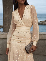 Apricot golden Chiffon V Neck Long Balloon Sleeve A-Line Midi Dress