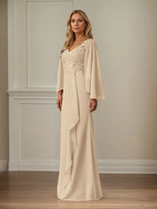 Sheath/Column Chiffon V Neck Long Sleeves Floor Length Mother of the Bride Dresses With Appliques