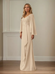 Sheath/Column Chiffon V Neck Long Sleeves Floor Length Mother of the Bride Dresses With Appliques