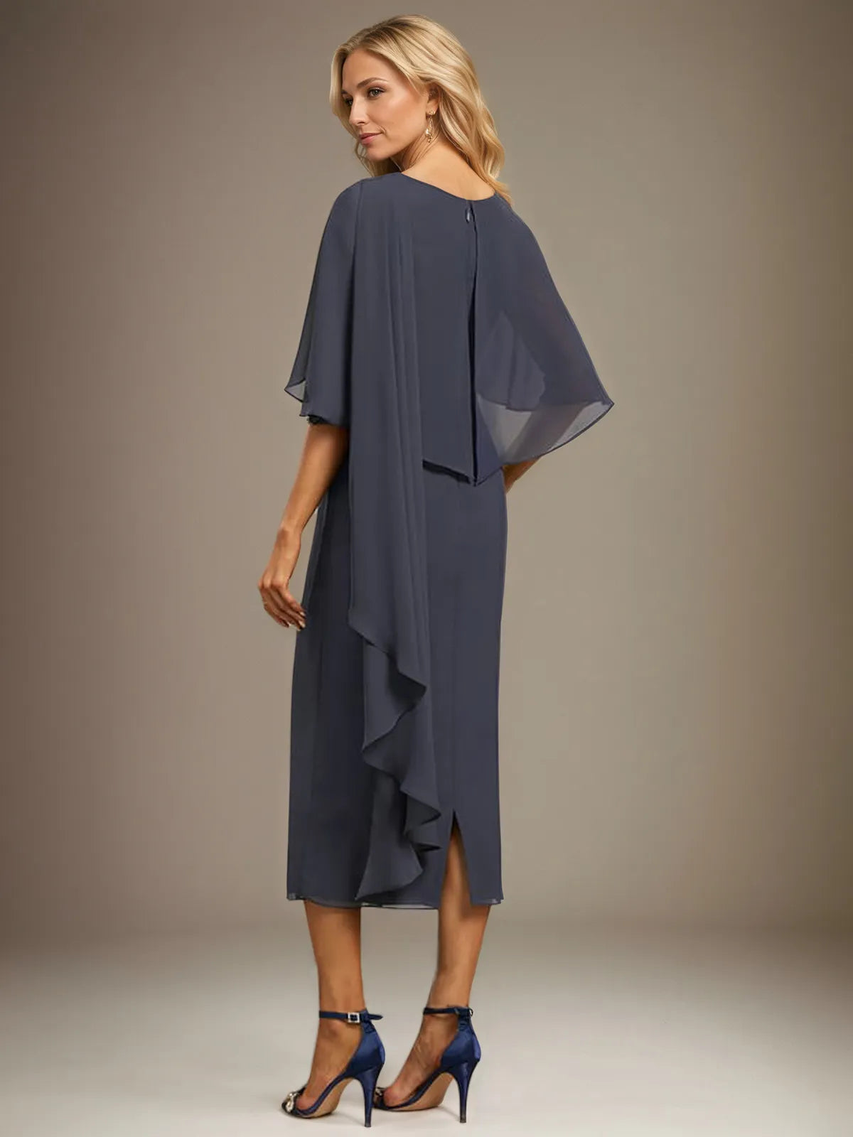 Dreamylily Women Sheath/Column Scoop Tea Length Chiffon Dress With