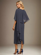 Sheath/Column Scoop Tea Length Chiffon Dress With Pleated Beading