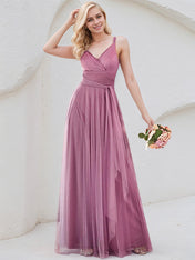 Orchid Tulle A Line Spaghetti Straps Sleeveless Floor Length Bridesmaid Dress