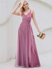 Orchid Tulle A Line Spaghetti Straps Sleeveless Floor Length Bridesmaid Dress