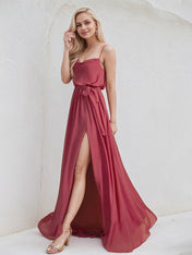 Cinnamon Rose Chiffon A Line Spaghetti Straps Sleeveless Floor Length Bridesmaid Dress