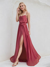 Cinnamon Rose Chiffon A Line Spaghetti Straps Sleeveless Floor Length Bridesmaid Dress