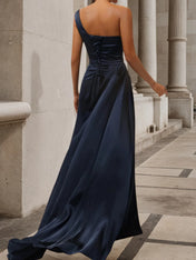Purplish Blue Side-Slit One Shoulder Gown Satin Dress
